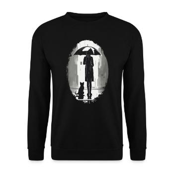 Femme et chat attendant sous un parapluie sous la pluie - Sweat-shirt Unisexe - noir - Devant - Alina (178cm) & Michal (187cm)