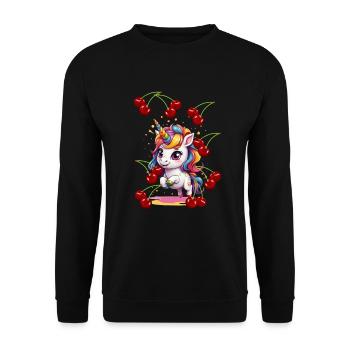 80er 90er Einhorn Einhörner Kirschen Retro Sommer - Unisex Pullover - Schwarz - Vorne - Alina (178cm) & Michal (187cm)