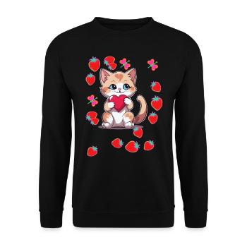 80er Retro Katze Katzen Erdbeeren Erdbeer Kinder - Unisex Pullover - Schwarz - Vorne - Alina (178cm) & Michal (187cm)