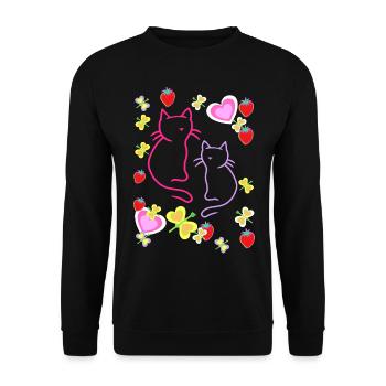 Retro Sommer Erdbeer Katzen Teenie Mädchen Katze - Unisex Pullover - Schwarz - Vorne - Alina (178cm) & Michal (187cm)