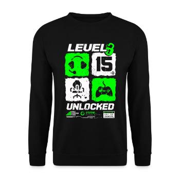 Level Unlocked Gamer Birthday 15 Years - Unisex Sweatshirt - black - Front - Alina (178cm) & Michal (187cm)