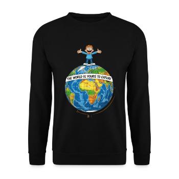 Weltkarte mit Freude und Lebensfreiheit - Unisex Pullover - Schwarz - Vorne - Alina (178cm) & Michal (187cm)