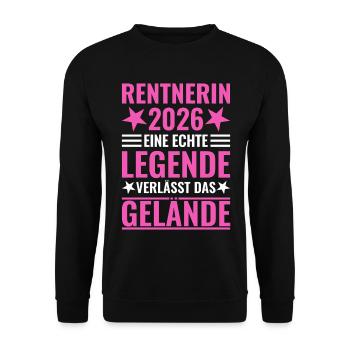Rentnerin 2026 Eine Legende verlässt das Gelände - Unisex Pullover - Schwarz - Vorne - Alina (178cm) & Michal (187cm)