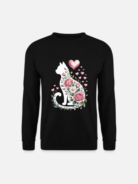 Fleur Chat Silhouette Roses Coeurs - Sweat-shirt Unisexe - noir