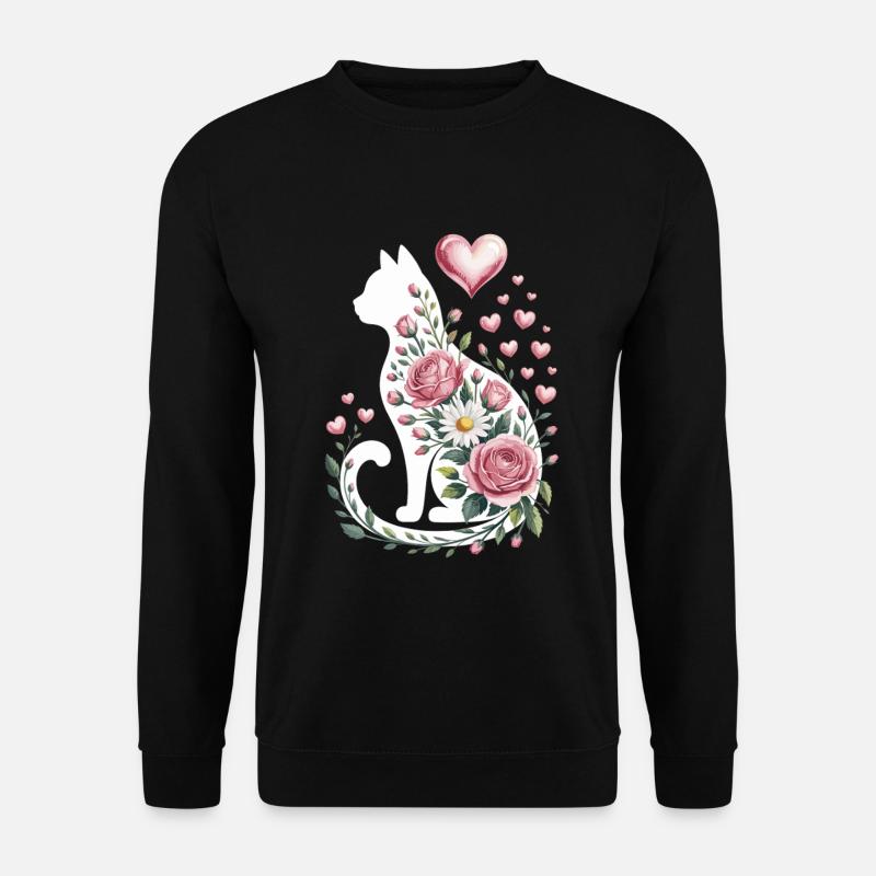 Fleur Chat Silhouette Roses Coeurs - Sweat-shirt Unisexe - noir
