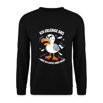 Möwe Seevogel Ich erledige das aber ich gucke böse - Unisex Pullover - Schwarz - Vorne - Alina (178cm) & Michal (187cm)