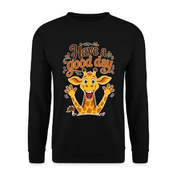 Happy Giraffe mit dem Text "Hab einen schönen Tag" - Unisex Pullover - Schwarz - Vorne - Alina (178cm) & Michal (187cm)