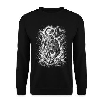 Springender wilder Leopard in Natur im Zeichenstil - Unisex Pullover - Schwarz - Vorne - Alina (178cm) & Michal (187cm)