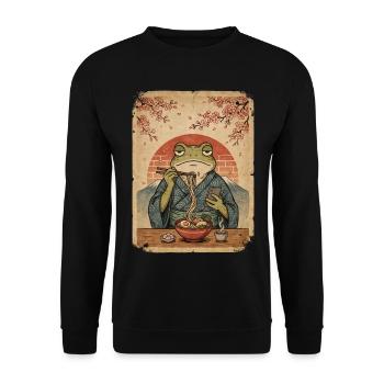 Frosch im Yukata-Ramen-Ukiyoe-Abend - Unisex Pullover - Schwarz - Vorne - Alina (178cm) & Michal (187cm)