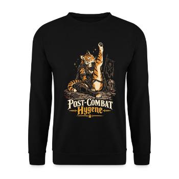 Tabaxi Hygiene nach dem Kampf: Lustige Katzen-Volks-RPG-Kunst - Unisex Pullover - Schwarz - Vorne - Alina (178cm) & Michal (187cm)