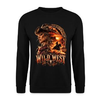Wildwest Girl im Sonnenuntergang - Unisex Pullover - Schwarz - Vorne - Alina (178cm) & Michal (187cm)