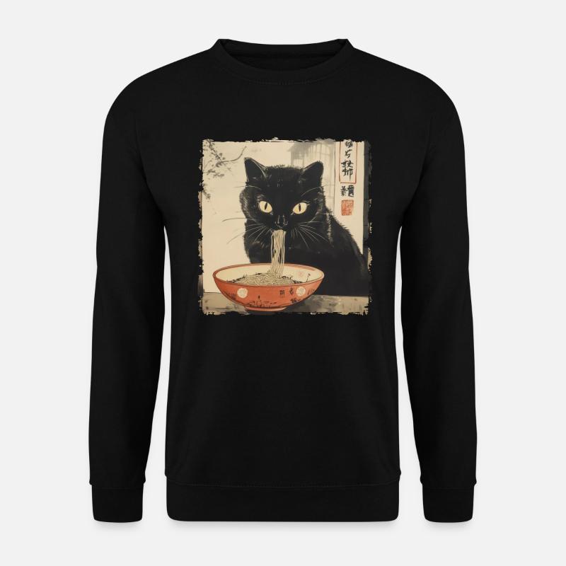 Anime Japanisch Kunst Schwarze Katze Ramen Ukiyo-e - Unisex Pullover - Schwarz