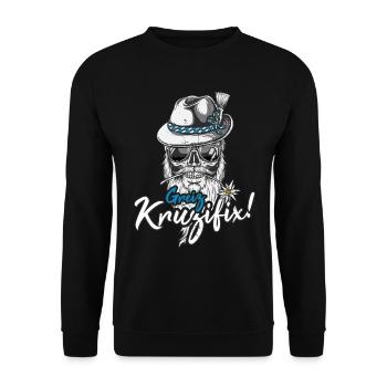 Greiz Kruzifix Totenkopf Bayrischer Dialekt Bayern - Unisex Pullover - Schwarz - Vorne - Alina (178cm) & Michal (187cm)