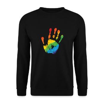 Hand in LGBT Farbe Regenbogenfarben - Unisex Pullover - Schwarz - Vorne - Alina (178cm) & Michal (187cm)