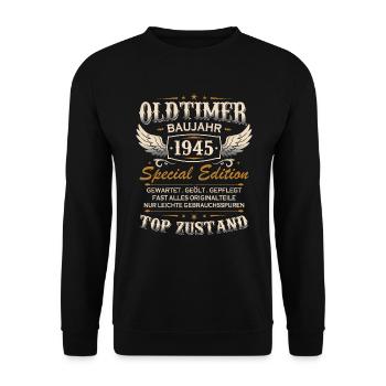 Oldtimer Baujahr Jahrgang 1945 Geburtstag Geschenk - Unisex Pullover - Schwarz - Vorne - Alina (178cm) & Michal (187cm)