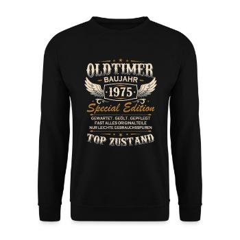 Oldtimer Baujahr Jahrgang 1975 Geburtstag Geschenk - Unisex Pullover - Schwarz - Vorne - Alina (178cm) & Michal (187cm)