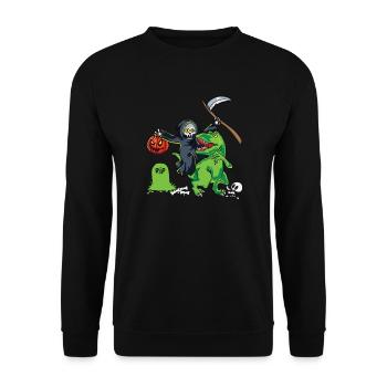 Sensenmann Reitet T Rex Halloween Reaper Geschenk - Unisex Pullover - Schwarz - Vorne - Alina (178cm) & Michal (187cm)