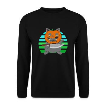 Halloween Katze Kürbiskopf - Unisex Pullover - Schwarz - Vorne - Alina (178cm) & Michal (187cm)