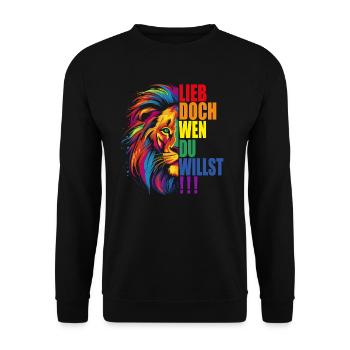 LGBTQ Lesbian Gay Pride Merch Regenbogen Löwe - Unisex Pullover - Schwarz - Vorne - Alina (178cm) & Michal (187cm)