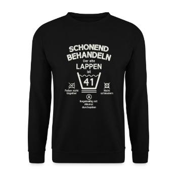 Der Alte Lappen, Schonend Behandeln 41. Geburtstag - Unisex Pullover - Schwarz - Vorne - Alina (178cm) & Michal (187cm)