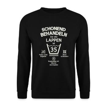 Der Alte Lappen, Schonend Behandeln 35. Geburtstag - Unisex Pullover - Schwarz - Vorne - Alina (178cm) & Michal (187cm)