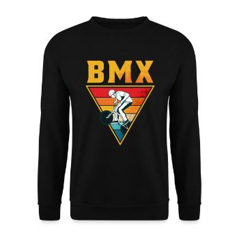 Retro BMX Freestyle Fahrer, Stunt Design - Unisex Pullover - Schwarz - Vorne - Alina (178cm) & Michal (187cm)