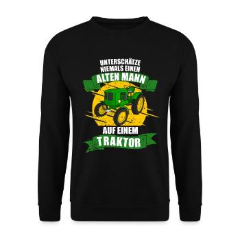 Alter mann auf einem Traktor niemals Unterschätzen - Unisex Pullover - Schwarz - Vorne - Alina (178cm) & Michal (187cm)
