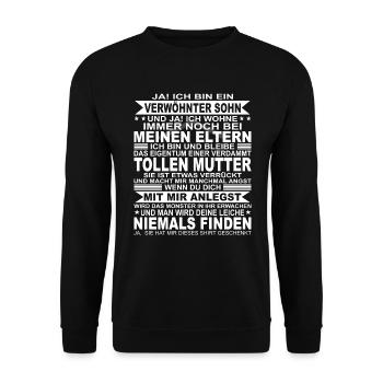 Stolze Mutter und Sohn Geschenk Verwöhnter Sohn - Unisex Pullover - Schwarz - Vorne - Alina (178cm) & Michal (187cm)