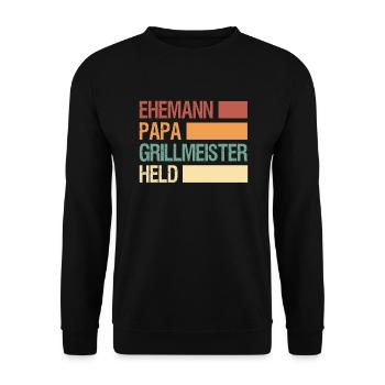 Ehemann Vater Grillmeister Griller Held Superheld - Unisex Pullover - Schwarz - Vorne - Alina (178cm) & Michal (187cm)
