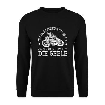 Vier Räder Zwei Räder Seele | Motorradfahren Biker - Unisex Pullover - Schwarz - Vorne - Alina (178cm) & Michal (187cm)