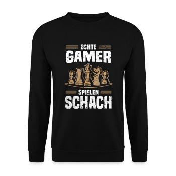 Echte Gamer Spielen Schach Schachmatt Schachfigur - Unisex Pullover - Schwarz - Vorne - Alina (178cm) & Michal (187cm)