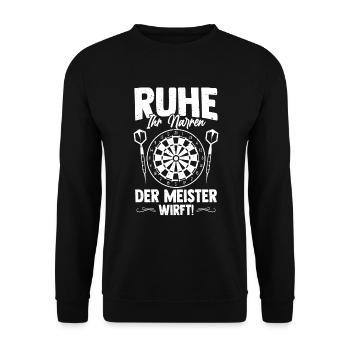 Ruhe Narren Meister Wirft Cooler Darts Spruch - Unisex Pullover - Schwarz - Vorne - Alina (178cm) & Michal (187cm)