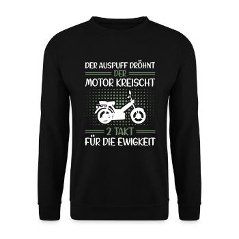 Moped Mokick Lustig Auspuff Dröhnt Motor Kreischt - Unisex Pullover - Schwarz - Vorne - Alina (178cm) & Michal (187cm)