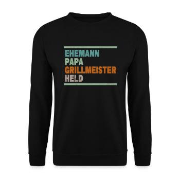 Ehemann Papa Grillmeister Held Vatertag - Unisex Pullover - Schwarz - Vorne - Alina (178cm) & Michal (187cm)