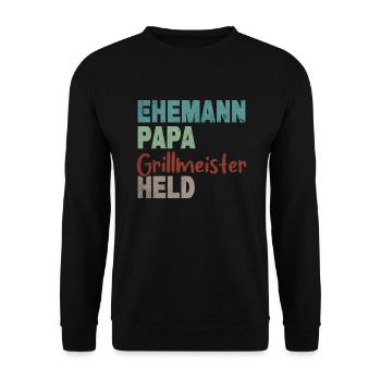 Ehemann Papa Grillmeister Held Vatertag - Unisex Pullover - Schwarz - Vorne - Alina (178cm) & Michal (187cm)