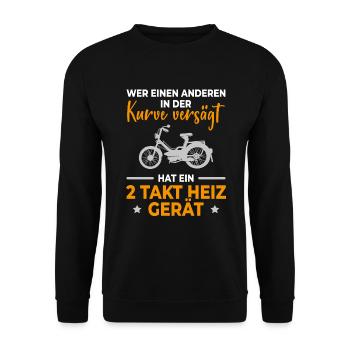 Moped Spruch Mofa Kurve Versägt 2 Takt Heiz Gerät - Unisex Pullover - Schwarz - Vorne - Alina (178cm) & Michal (187cm)
