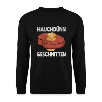 Leberkäse Hauchdünn Geschnitten Bayrisches Essen - Unisex Pullover - Schwarz - Vorne - Alina (178cm) & Michal (187cm)