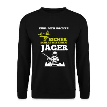 Jäger shirt • Schlaf mit einem Jäger Geschenk - Unisex Pullover - Schwarz - Vorne - Alina (178cm) & Michal (187cm)