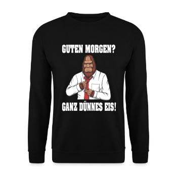 Guten Morgen - Ganz dünnes Eis Spruch Kaffee - Unisex Pullover - Schwarz - Vorne - Alina (178cm) & Michal (187cm)