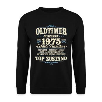 Oldtimer Baujahr 1975 Jahrgang geboren Geburtstag - Unisex Pullover - Schwarz - Vorne - Alina (178cm) & Michal (187cm)