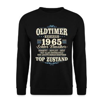 Oldtimer Baujahr 1965 Jahrgang geboren Geburtstag - Unisex Pullover - Schwarz - Vorne - Alina (178cm) & Michal (187cm)