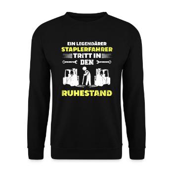 Staplerfahrer Lagerist Ruhestand Abschiedsgeschenk - Unisex Pullover - Schwarz - Vorne - Alina (178cm) & Michal (187cm)