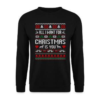 Hässlicher Weihnachtspullover Alles was ich zu Weihnachten will - Unisex Pullover - Schwarz - Vorne - Alina (178cm) & Michal (187cm)