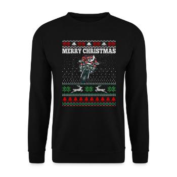 Hässliche Weihnachtsstrickjacke Santa Reiten Motorrad - Unisex Pullover - Schwarz - Vorne - Alina (178cm) & Michal (187cm)