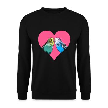 Love Design mit bunten Wellensittichen - Unisex Pullover - Schwarz - Vorne - Alina (178cm) & Michal (187cm)