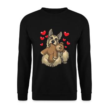 Berger de Picardie Hund mit Stofftier - Unisex Pullover - Schwarz - Vorne - Alina (178cm) & Michal (187cm)