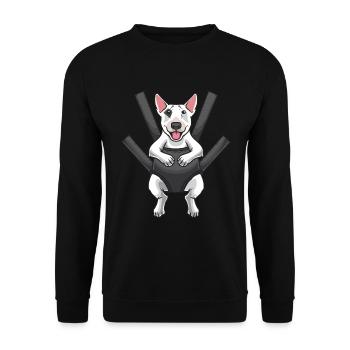Miniature Bullterrier in Tragetasche - Unisex Pullover - Schwarz - Vorne - Alina (178cm) & Michal (187cm)