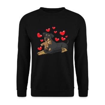 German Pinscher dog with plush toy - Unisex Sweatshirt - black - Front - Alina (178cm) & Michal (187cm)