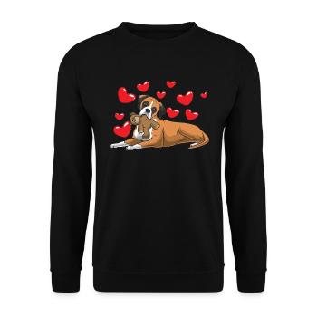 Deutscher Boxer Hund mit Kuscheltier und Herzen - Unisex Pullover - Schwarz - Vorne - Alina (178cm) & Michal (187cm)