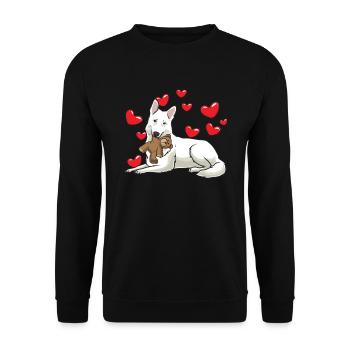 Weißer Schweizer Schäferhund mit Kuscheltier - Unisex Pullover - Schwarz - Vorne - Alina (178cm) & Michal (187cm)